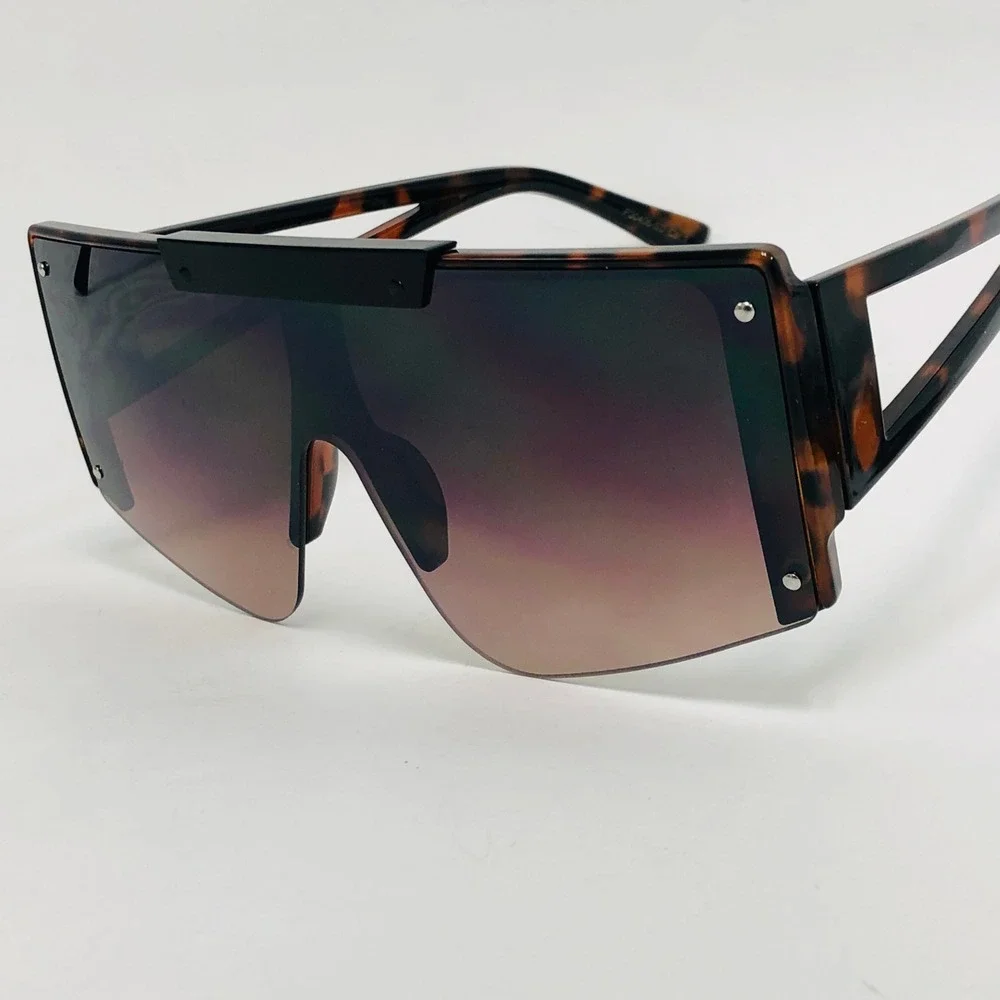 Oversized XL Shield Sunglasses Flat Top Tortoise Frame Brown Lens Fashion Shades